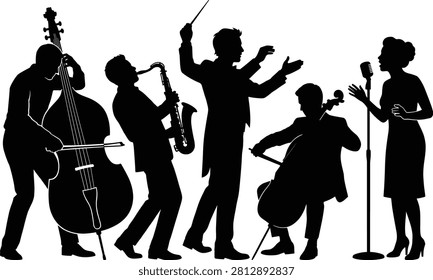 Professional silhouettes of musicians including a conductor, female singer, and various instrumentalists. Ideal for concert posters, music festival branding, and live performance advertising.