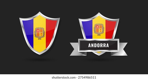 Professional silver shield and ribbon badges with the national flag of the Principality of Andorra. High-quality metallic icon for Andorran patriotic, cultural, and governmental branding.