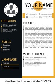 professional and simple curriculum vitae CV black and orange color CV design vector template.