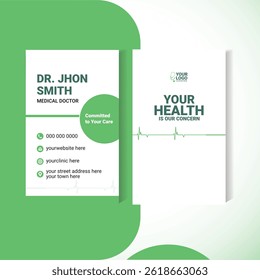 A professional and simple healthcare business card ideal for doctors, clinics, and health consultants. This vector template features a clean layout with green tones symbolizing trust and wellness. Eas
