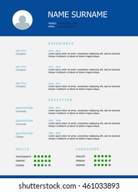 Professional simple styled cv / resume template design with blue green headings and grey background.