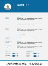 Professional simple styled resume / cv template design with blue and teal headings and grey background.