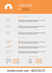 Professional simple styled resume template design with orange header and grey background.