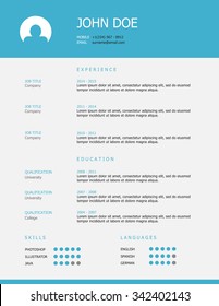 Professional simple styled resume template design with blue header and gray background.