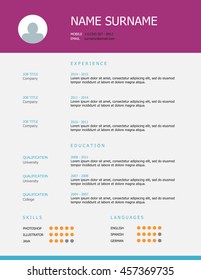 Professional simple styled resume template design with purple and blue headings.