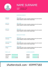 Professional simple styled resume template design with pink teal headings.