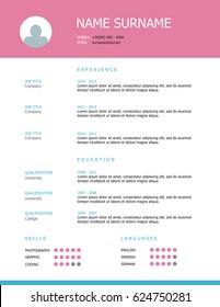 Professional simple styled resume template design with pink headings.
