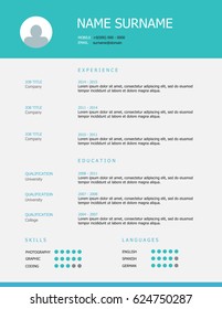 Professional simple styled resume template design with teal blue headings on grey background.