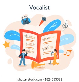 El concepto de cantante profesional. Cantando cantante con micrófono. Espectáculo musical, actuación sonora. Ilustración vectorial en estilo plano