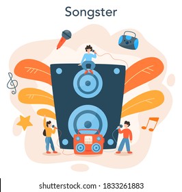 El concepto de cantante profesional. Cantando cantante con micrófono. Espectáculo musical, actuación sonora. Ilustración vectorial en estilo plano