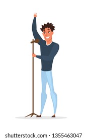 Professional singer concert flat illustration. Young cheerful man showing peace sign cartoon character. Musical stage performance. Popular musician, pop star. Show business, entertainment industry