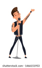 Professional singer concert flat illustration. Young cheerful man cartoon character. Musical stage performance. Popular musician, rock star. Show business, entertainment industry