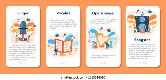 Professional singer mobile application banner set. Performer singing with microphone. Music show, sound performance. Vector illustration in flat style