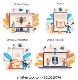Professional singer online service or platform set. Performer singing with microphone. Music show, sound performance. Online consultation, forum, tutorial, training. Vector illustration