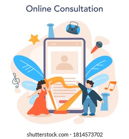 Servicio o plataforma profesional del cantante en línea. Cantando cantante con micrófono. Espectáculo musical, actuación sonora. Consulta en línea. Ilustración del vector