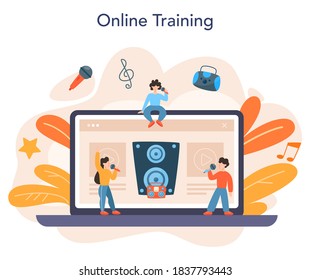 Professional Singer Online Service Or Platform. Performer Singing With Microphone. Music Show, Sound Performance. Online Training. Vector Illustration