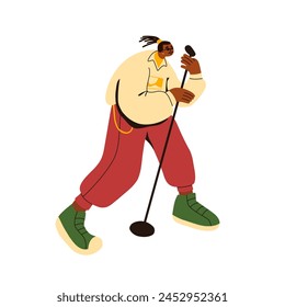 Professional singer performs with jazz concert. Pop artist holds microphone stand. Musician on music performance. Performer sings song with mic. Flat isolated vector illustration on white background