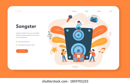 Professional singer web banner or landing page. Performer singing with microphone. Music show, sound performance. Vector illustration in flat style