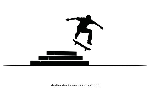 Professional skateboarder jumping off a set of stairs into the air during an urban skate session shown in a clean black and white silhouette style.