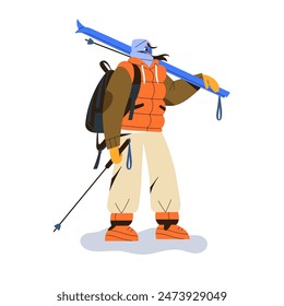 Professional skier in equipment with backpack standing. Snow rider carries skis, poles on shoulder. Active woman does extreme winter sport. Flat isolated vector illustration on white background