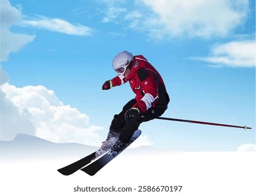 Professional skier wearing red jacket, helmet and goggles performing a jump with snowy mountains and cloudy sky in the background. Hand drawn Illustration