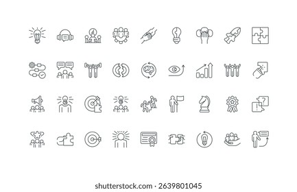 Professional skills, brainstorm, coaching guide thin black red symbols vector illustration. Workshop challenge, team meeting, training and communication for achievement, project launch line icon set.