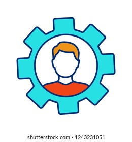 Professional skills color icon. Employability skills. Personal development. Self improvement. Cogwheel with person inside. Productivity. Isolated vector illustration