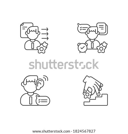 Professional skills development linear icons set. Organization, listening, coaching, brevity and clarity. Customizable thin line contour symbols. Isolated vector outline illustrations. Editable stroke
