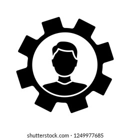 Professional skills glyph icon. Employability skills. Personal development. Self improvement. Cogwheel with person inside. Productivity. Silhouette symbol. Negative space. Vector isolated illustration