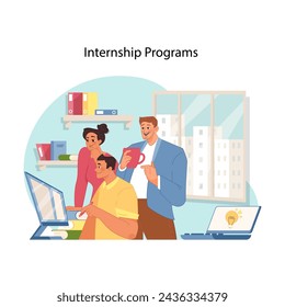 Professional skills growth. Dynamic internship program where mentors and interns interact in corporate setting for skill development. Opportunity to be trained at dream job. Flat vector illustration