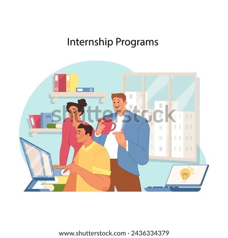 Professional skills growth. Dynamic internship program where mentors and interns interact in corporate setting for skill development. Opportunity to be trained at dream job. Flat vector illustration