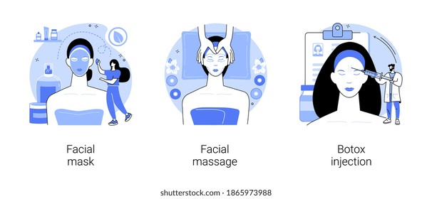 Professional Skincare Abstract Concept Vector Illustration Set. Facial Mask And Massage, Beauty Injection, Face And Neck Lifting, Skin Beauty, Cosmetology Clinic, Anti-age Treatment Abstract Metaphor.