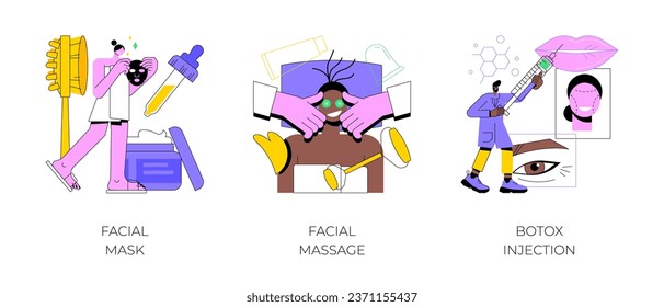 Professional skincare abstract concept vector illustration set. Facial mask and massage, botox injection, face and neck lifting, skin beauty, cosmetology clinic, anti-age treatment abstract metaphor.