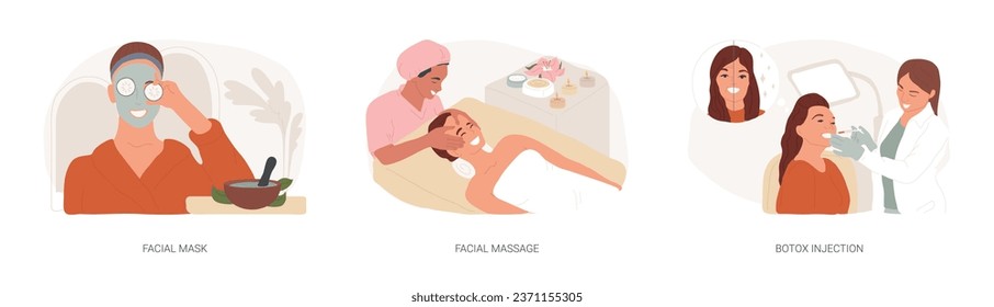 Professional skincare isolated concept vector illustration set. Facial mask and massage, botox injection, face and neck lifting, skin beauty, cosmetology clinic, anti-age treatment vector concept.