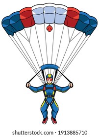 Professional skydiver in protective blue suit and goggles descends on sport parachute.