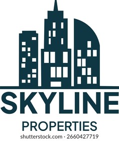 Plantilla con el logotipo de Profesional Skyline Properties con una silueta moderna del horizonte de la ciudad, ideal para agencias inmobiliarias, promotores inmobiliarios, empresas de construcción y empresas de arquitectura. Una limpieza 