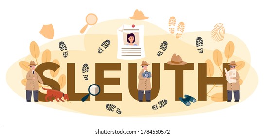 Professional sleuth typographic header. Agent investigating a crime place. Person solving crime by talking to witness and collecting physical evidence. Isolated flat vector illustration