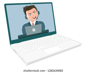 Professional smart News reader man reading news broadcasting giving speech with headphone video running in a laptop