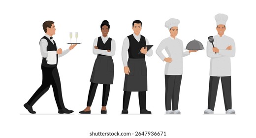 Professional smiling kitchen staff and restaurant workers posing together: cooks and waiters, isolated