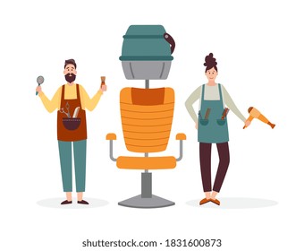 Professional smiling successful hairdressers in aprons and with tools for hairdressing services waiting for the client. Fashion beauty salon. Flat isolated vector illustration