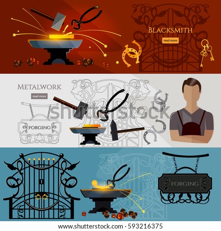 Professional smith banner. Forging on gland, creation of iron fencings and fences. Iron works concept. Blacksmith hammer and anvil, work in a smithy 