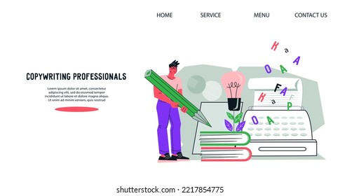 Professional SMM and copywriting service website banner template with copywriter or blogger cartoon character creating text content, flat vector illustration.