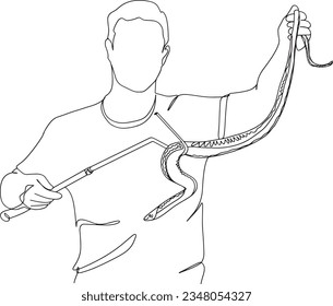 Professional Snake Catcher in One Line Art, Snake Tamer's Tools, Continuous Cartoon Snake Catcher and Handling Tools, Snake Whisperer in Action