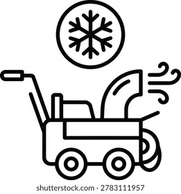 Professional snow blower line art icon with snowflake symbol for winter maintenance and snow removal services, snowflake