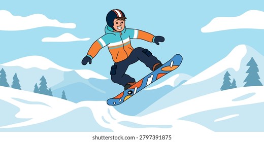 A professional snowboarder performing a high-flying jump. Dressed in stylish winter sportswear, the male character shows professional snowboarding technique. Ideal for ski resort advertising, winter sports events posters, website banners, and youth lifestyle apparel designs.