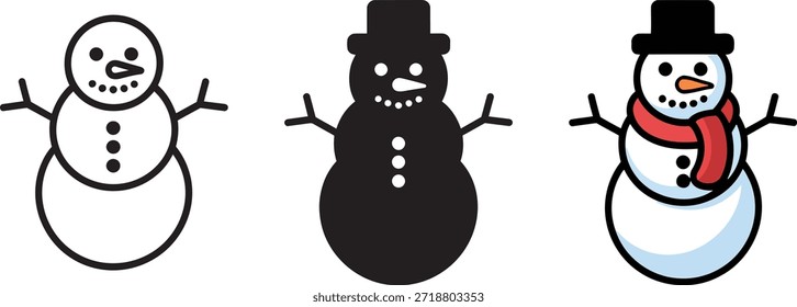 Conjunto de ilustração profissional snowman com diferentes estilos visuais. Mascote de inverno com cachecol e botões para cartões de felicitações sazonais e decorações festivas.