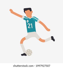 Professional soccer player is about to hit the ball. Flat style vector abstract sportsman character running playing football