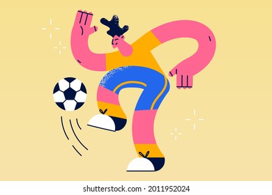 Professional soccer player and football concept. Young positive man cartoon character in sportswear kicking ball during football soccer training outdoors vector illustration