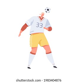 Professional soccer player hitting ball with head. Man in uniform playing European football. Footballer during game or training. Flat vector illustration of sportsman isolated on white background