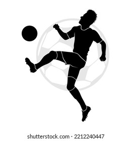 Professional soccer player jumps and kicks the ball in the air. Vector silhouette illustration